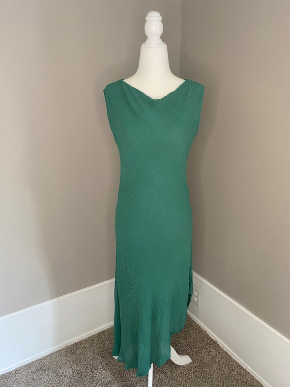 Stunning GREEN SILK ASYMMETRICAL Hem Midi Dress - image 2