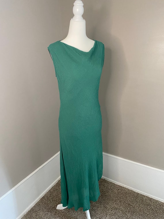 Stunning GREEN SILK ASYMMETRICAL Hem Midi Dress - image 3