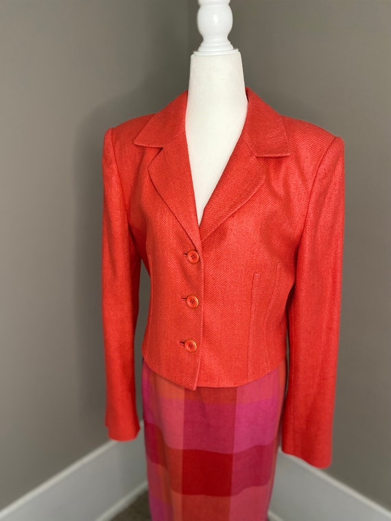 Gorgeous 90s Hot Coral Pink Silk Cropped Blazer - image 3