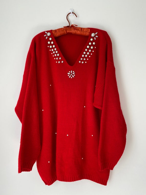 AMAZING Oversized 80s EMBELLISHED Red Sweater