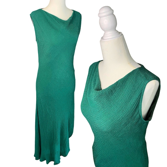 Stunning GREEN SILK ASYMMETRICAL Hem Midi Dress - image 1