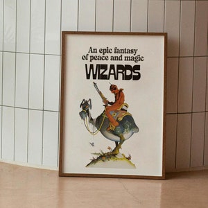 Wizard-print, cartoon, 1977, animatie jaren 1970, vrede, muur hangen, kunst, decoratie, surrealistische fantasie, hoge kwaliteit, 300 dpi+ afbeelding, klassiek