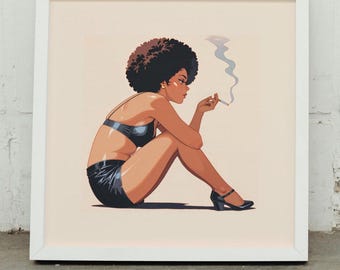 Smoking Woman With Afro Print, 300+ DPI, High Quality Original Artwork Wall Hanging, Poster, Funky Retro