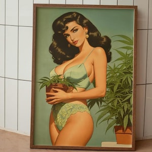 May include: A framed illustration of a woman in lingerie holding a potted plant. The woman has long dark hair and is wearing a light blue bra and matching underwear with lace trim. The plant is a marijuana plant in a brown pot. The background is a light blue.