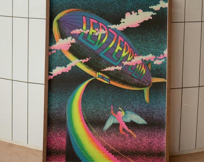 Led Zeppelin Vintage Concert Poster, Trippy Psychedelic Art Print Neon Rock Music Wall Hanging Art