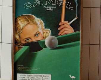 Vintage Camel Cigarettes Advert, Retro Wall Hanging Woman Smoking Playing Pool, Snooker, Bar Blonde