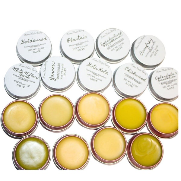 9 Herbal Skin Salve TRIAL KIT White Willow, Comfrey, Gotu Kola, Plantain, Goldenrod, Yarrow, Eucalyptus Mint, Calendula Dandelion, Chickweed