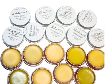 9 Herbal Skin Salve TRIAL KIT White Willow, Comfrey, Gotu Kola, Plantain, Goldenrod, Yarrow, Eucalyptus Mint, Calendula Dandelion, Chickweed