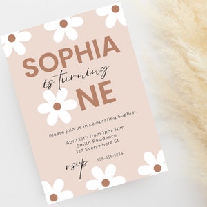 Daisy Neutral First Birthday Party Invitation, Boho Floral Invite, 1st Birthday Digital Template, Instant Download, Wildflower Bday Invite