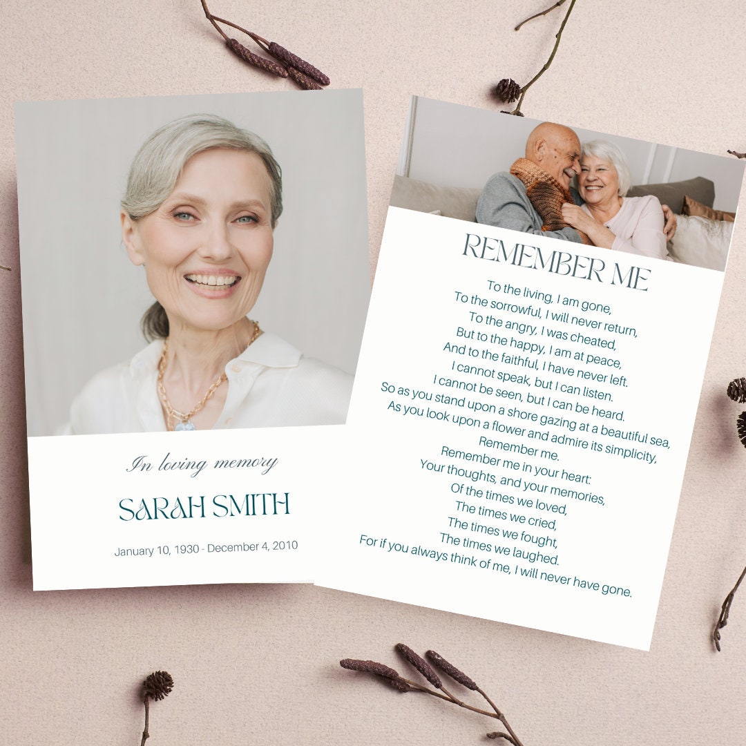Funeral Prayer Card Digital Template, Funeral Program, Editable Poem
