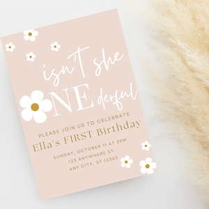Non è lei ONEderful Invito per il primo compleanno, Invito per festa di compleanno, Invito per compleanno ragazza, Download immediato di modelli digitali, Margherita floreale