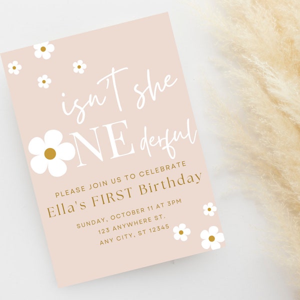 Isn't she ONEderful First Birthday Invitation, Birthday Party Invite, Girl Bday Invitation, Digital Template Instant Download, Daisy Floral