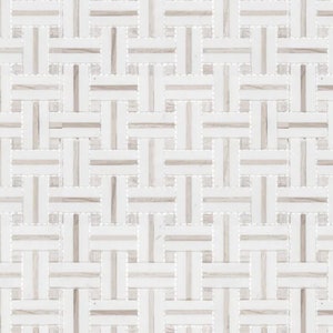 Op de afbeelding: Wit geweven rieten patroon met een subtiele textuur. Het patroon bestaat uit horizontale en verticale lijnen die een raster vormen.