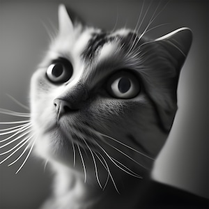 May include: A black and white close-up photo of a cat's face. The cat has large, round eyes and a long, pointed nose. The cat's fur is soft and fluffy, and its whiskers are long and prominent.