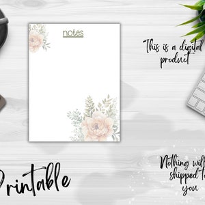 Könnte beinhalten: Ein druckbarer weißer Notizblock mit Pfirsich- und grünen Blumenecken. Das Wort "notes" steht oben, und der Text "This is a digital product" und "Nothing will be shipped to you" sind ebenfalls sichtbar.