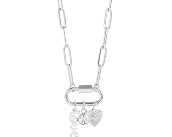 Stainless Steel Carabiner Love Charm Necklace | Paperclip Chain Necklace | Heart & Crystal Pendant *Free Shipping*