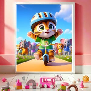 Tiger Riding Bike Wall Art | Jungle Animal Classroom Race Print | Elephant Rabbit Zebra | Printable Safari Nursery Decor for Kids Room
