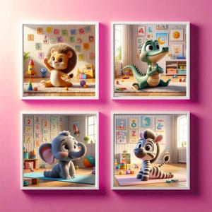 Art mural safari yoga pour enfants à imprimer | Cartes de poses d'animaux de la jungle | Décoration pleine conscience pour la classe - Préscolaire | Téléchargement numérique, lot de 4