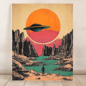Grunge UFO Sci-Fi Wall Hanging, Space-Themed Wall Art | Easy to Hang Canvas
