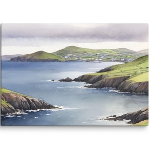 Dingle Peninsula Watercolor Painting Irish Coastal Canvas Art Print Ireland Landscape Wall Art Green Hills Art Seascape Beach Print