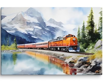 Alaska Train Canvas Print: Mountain Landscape Watercolor Art