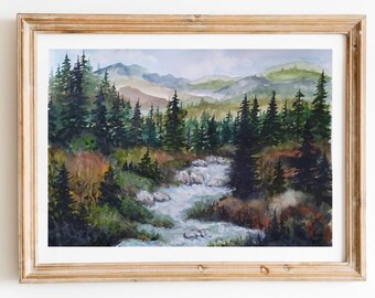 Mountain Salmon River Art Print Idaho Landscape Painting Print Mountain Pine Forest Print Forest River Print Watercolor Mountain Landscape