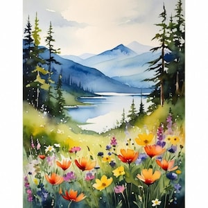 Columbia Gorge Painting Mountain River Watercolor Art Print Spring-Summer Wildflowers Landscape  Fog Mountain Pine Forest Fine Art Print