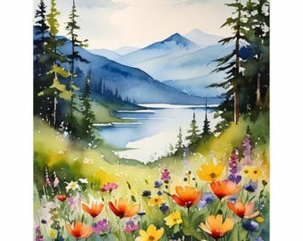 Columbia Gorge Watercolor Art Print: Mountain River, Wildflowers Landscape Painting