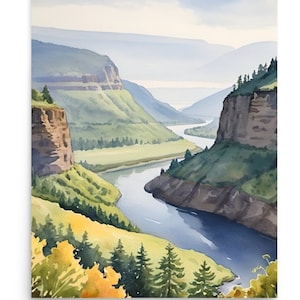 Columbia Gorge Painting Mountain River Watercolor Art Print Pacific Northwest Mountain Landscape Wall Art Pine Forest Art Earth Tones Print