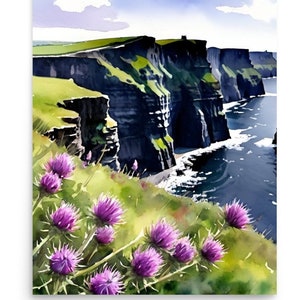 Cliffs of Moher Painting Thistle Watercolor Art Print Irish Coastal Wall Art Ireland Landscape Art Emerald Isle Print Panoramic Seascape Art
