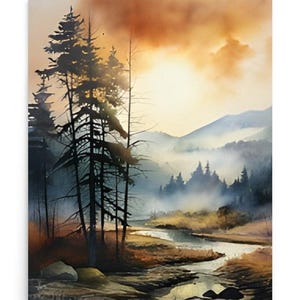Appalachian Mountains Painting Foggy Pine Forest Watercolor Art Mountain River Art Print  North America Misty Mountain Landscape Art Print