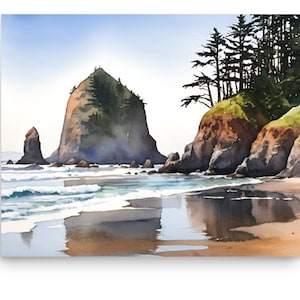 Cannon Beach Watercolor Art Print: Oregon Coastal Seascape, Haystack Rock