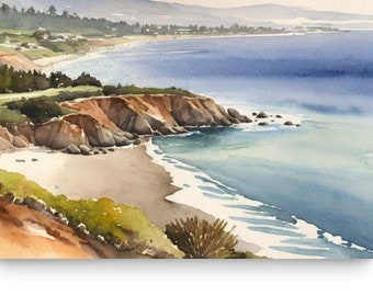 California Coast Watercolor Art Print: Seascape Painting, Beach Wall Decor