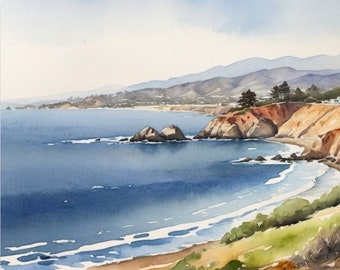 Big Sur California Watercolor Art Print: Pacific Coast Seascape