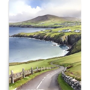 Dingle Peninsula Painting Ireland Landscape Watercolor Art Print Irish Coastal Wall Art Green Hills Art Coastal Artwork Irish Farmland Print