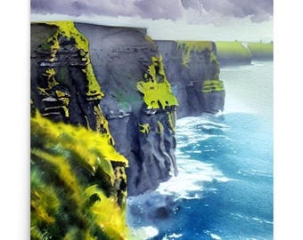 モハーの断崖の水彩画アートプリント：アイルランド沿岸の風景の壁装飾