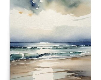 May include: Watercolor print of a beach scene. The artwork depicts a serene ocean with waves in shades of blue and green, under a cloudy sky. The sandy shore is painted in muted browns and tans, creating a calming coastal landscape.