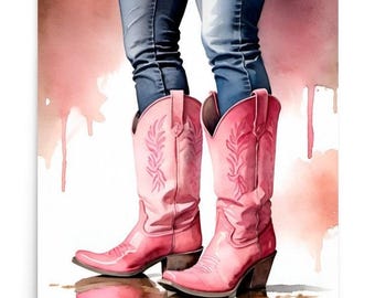 Pink Cowboy Boots Watercolor Art Print: Western Cowgirl Style