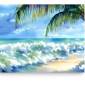 Tropical Sea Beach and Palm Trees Watercolor Painting Tropical Seascape Art Print Sea Coastal Art Large Wall Art Tropical Island Landscape