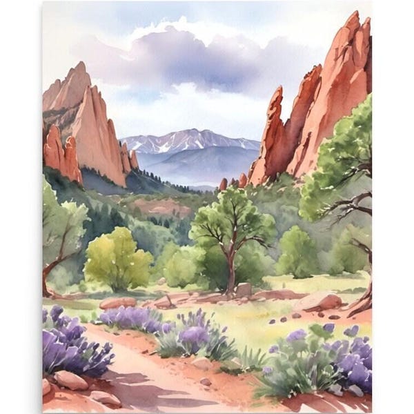 Garden of the Gods Watercolor Art Print: Colorado Red Rocks Landscape