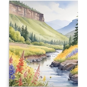Columbia Gorge Watercolor Painting Mountain River Art Print Pacific Northwest Landscape Wall Art Wildflowers Meadow Art Mountain Valley Art