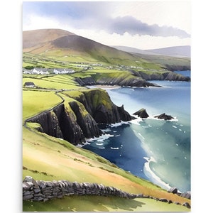 Dingle Peninsula Painting Ireland Coastline Watercolor Art Print Irish Coast Wall Art Irish Green Hills Landscape Art Ireland Seascape Art