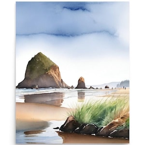 Haystack Rock Watercolor Art Print: Cannon Beach Oregon Coastal Seascape