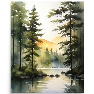 May include: A watercolor painting of a forest scene with a lake in the foreground. The sun is setting behind the trees, casting a warm glow on the water. The trees are silhouetted against the sky, and the lake is calm and reflective.