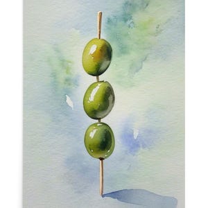 Olives Painting Cocktail Olives Watercolor Art Print Stick with Green Olives Wall Art Bar or Kitchen Wall Decor Olives Still Life Poster