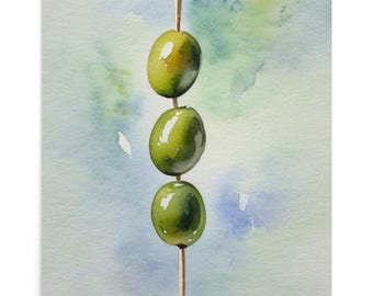 Cocktail Olives Watercolor Art Print: Bar Kitchen Wall Decor