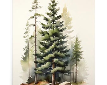Pine Tree Watercolor Art Print, Pacific Northwest Greenery Poster