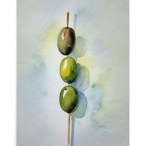 Cocktail Olives Painting Stick with Green Olives Watercolor Art Print Fruit Still Life Bar or Kitchen Wall Decor