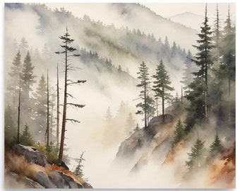 Smoky Mountains Watercolor Art Print: Foggy Pine Forest Landscape