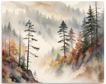 May include: A watercolor painting of a misty forest scene with tall evergreen trees and a hint of fall foliage in the foreground.